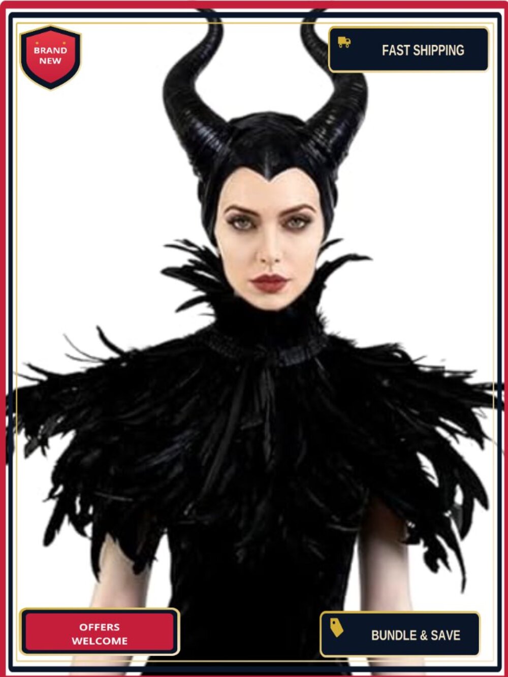 Demon Horns Black Feather Shawl Gothic Halloween Cosplay Costume Set